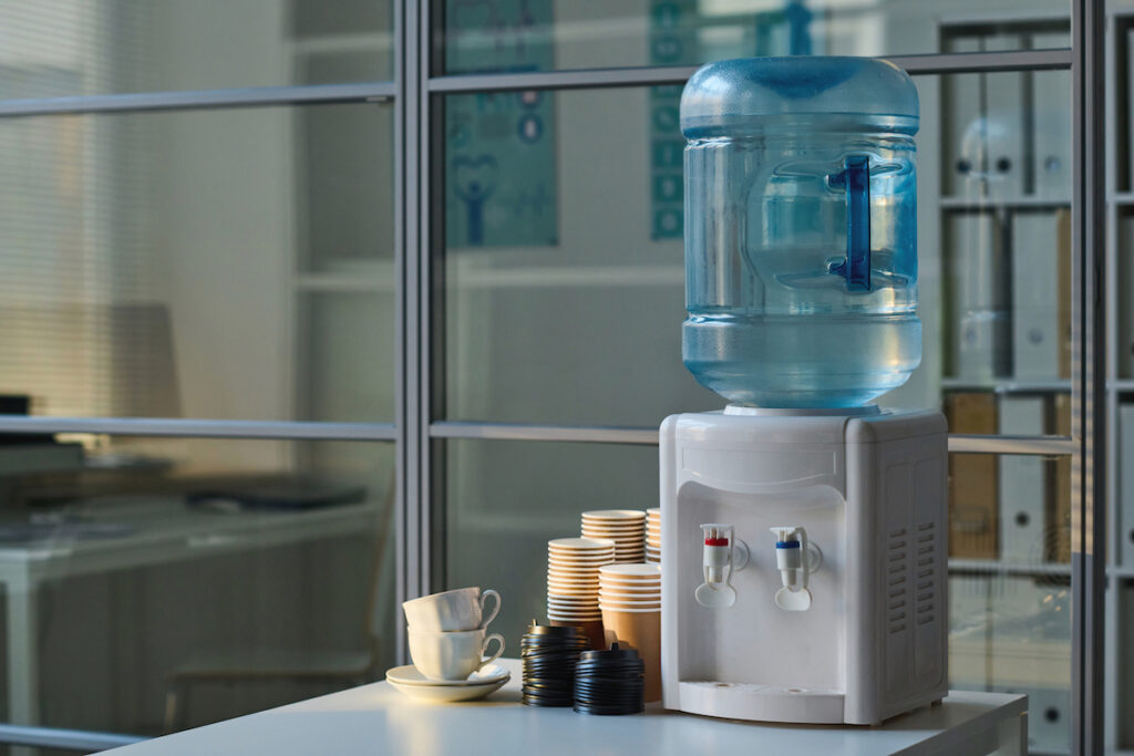 Bottled water dispenser in office break room in Minnesota company