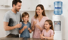Water Dispenser for home. Family standing in front of a water dispenser and drinking water from it