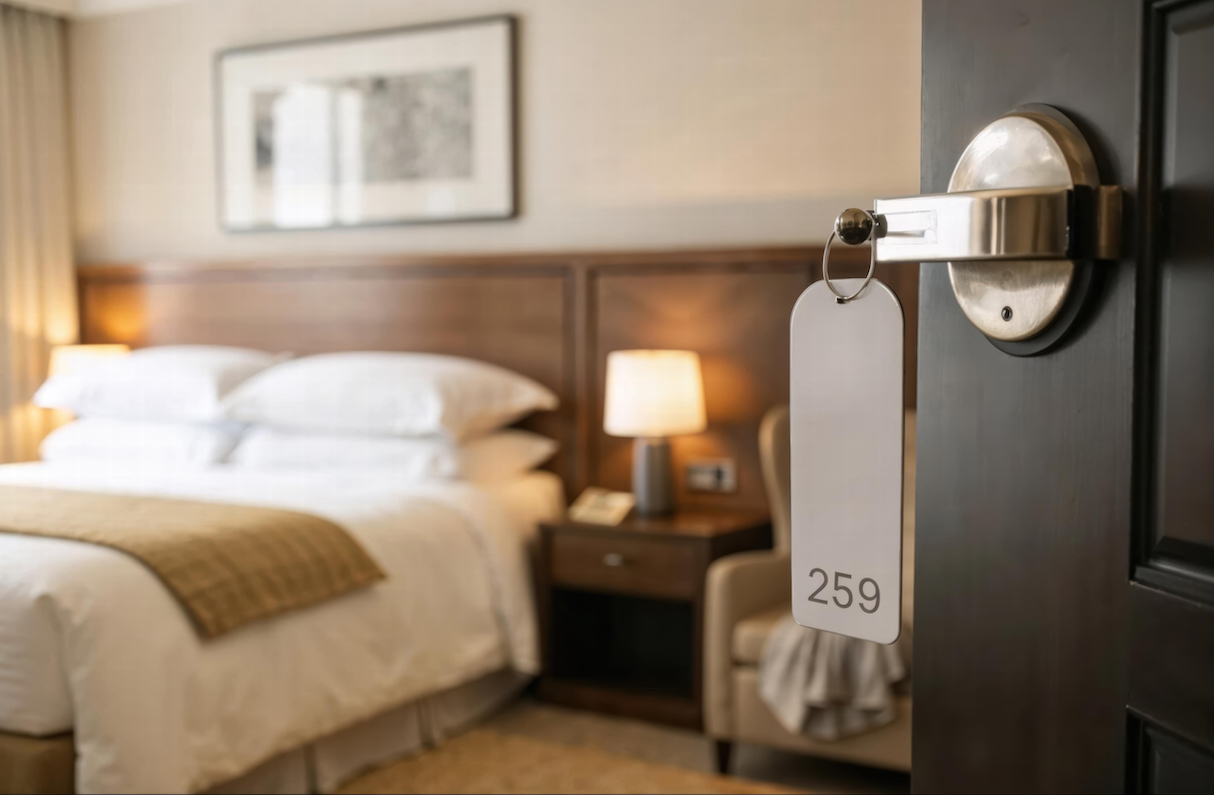 A welcoming hotel room features modern decor, soft lighting, and a neatly made bed. The door is slightly open, inviting guests to relax and unwind.